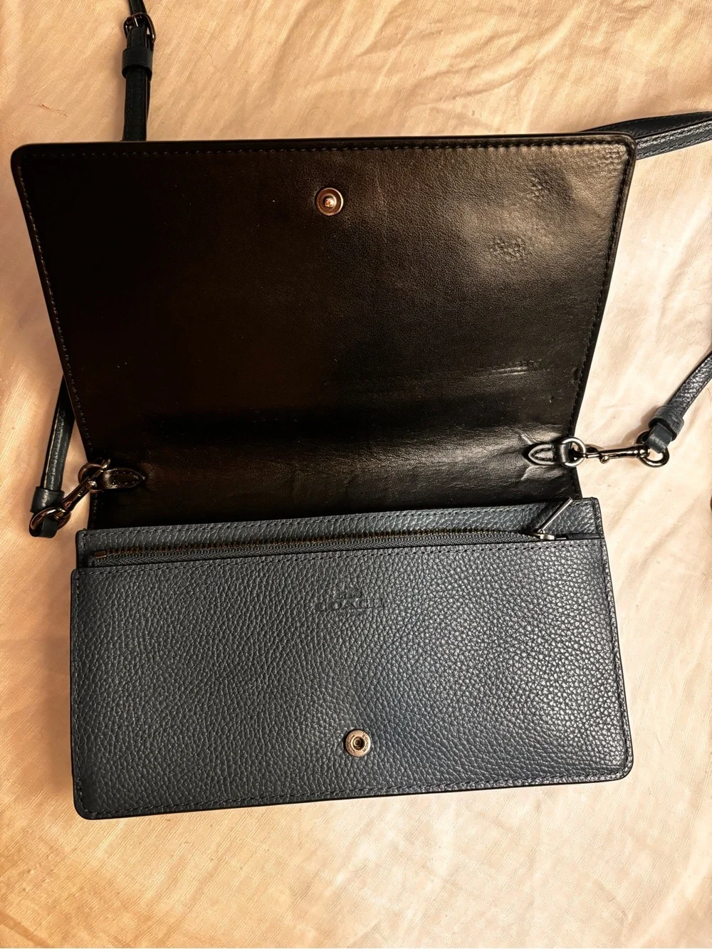 Coach Phone Crossbody – Dark Blue Pebbled Floral & Studs– Like New - Picture 6 of 9